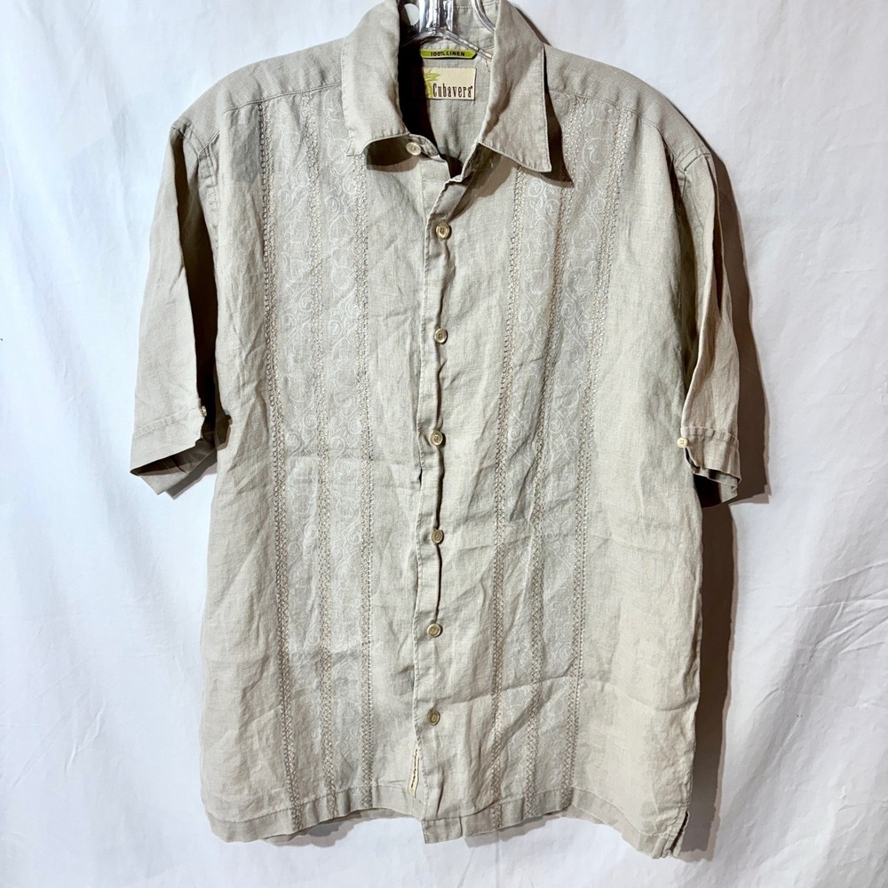 Cubavera 100% Linen Men Cream Guayabera Button Up Short Sleeve Embroidered Shirt